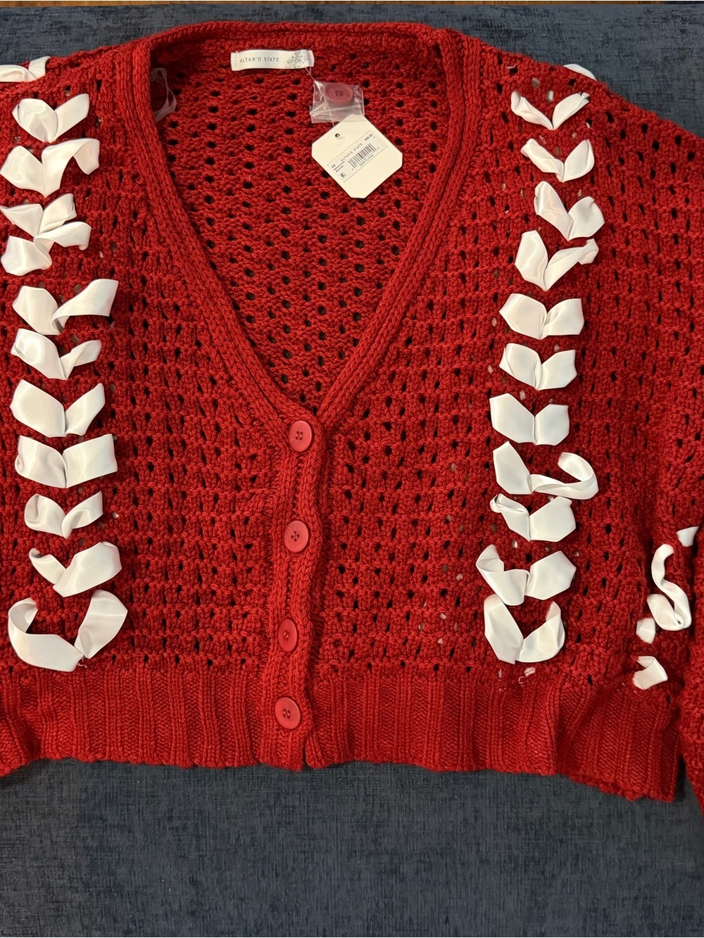 Altar'd State Red Open-Knit Cardigan with White Ribbon Trim - Picture 3 of 5